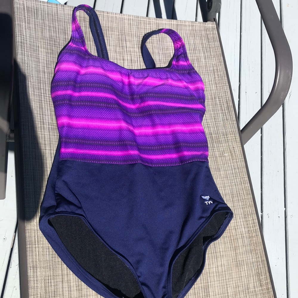 TYR performance one piece. Size 12, navy, purple, pink